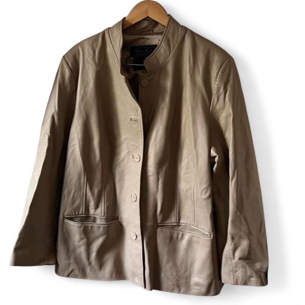 Terry Lewis Vintage Beige Leather Button Up Jacket Mandarin Collar Tan XL